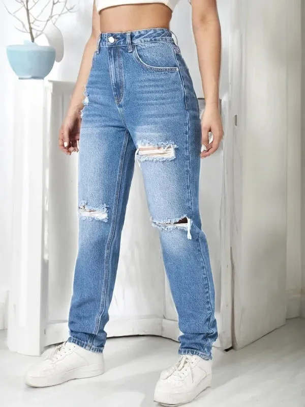 2024 trendy women's ripped denim wide leg pants