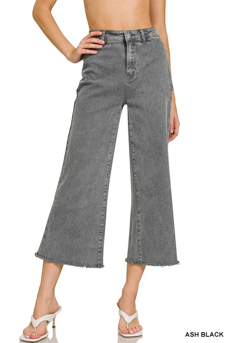 Acid Washed High Waist Frayed Hem Straight Jeans