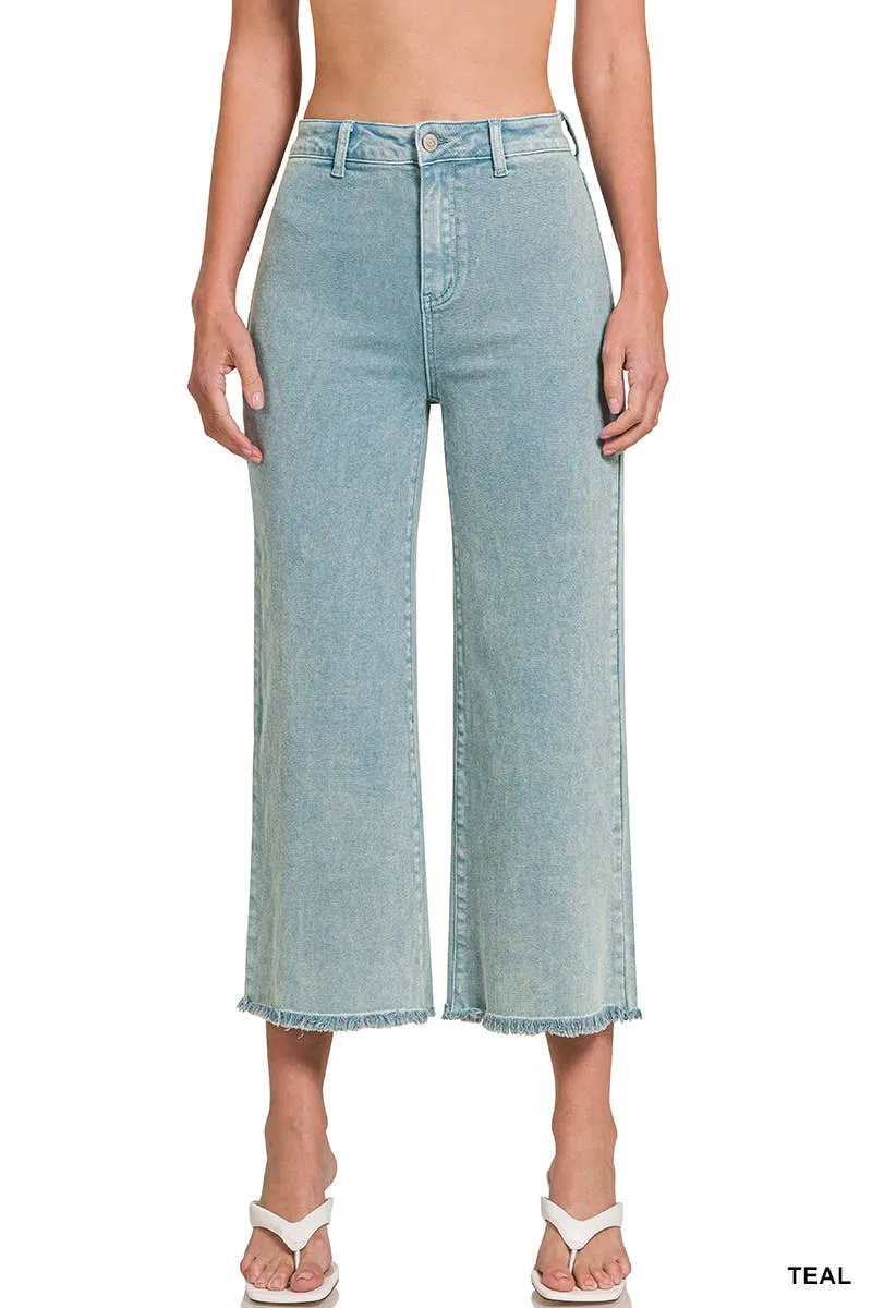 Acid Washed High Waist Frayed Hem Straight Jeans