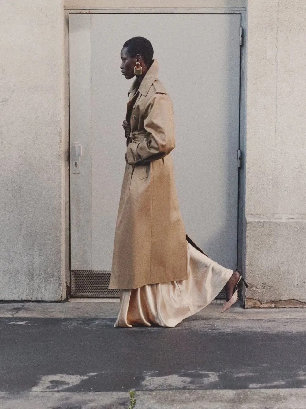 Beige Cotton Serge Oversized Trench Coat