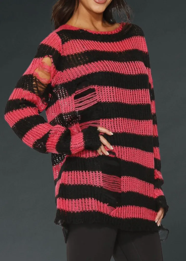 Black and Pink Striped Oversized Distressed Knit Sweater