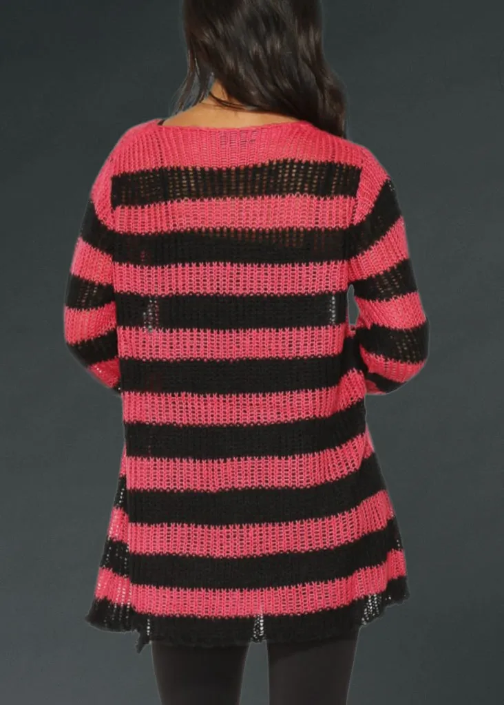 Black and Pink Striped Oversized Distressed Knit Sweater