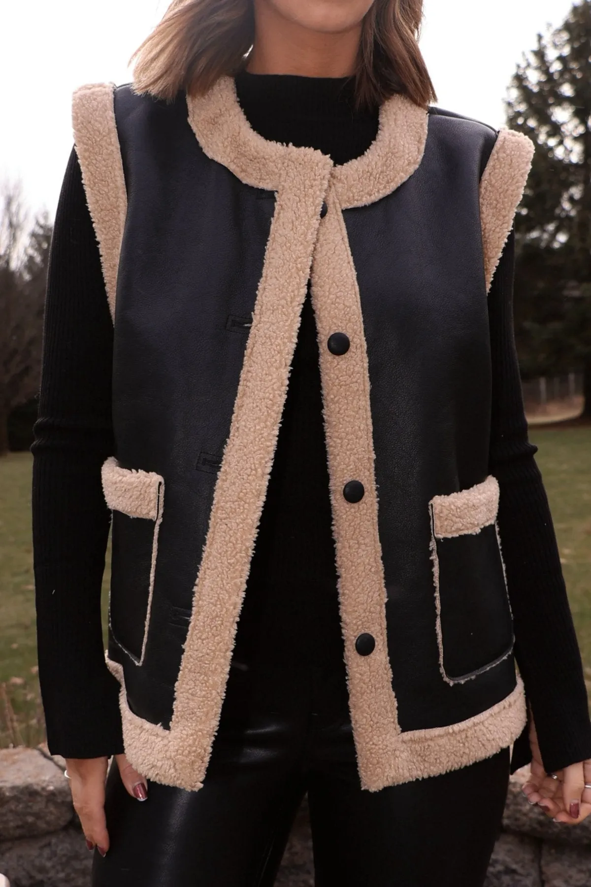 Black and Tan Sherpa Button Up Vest