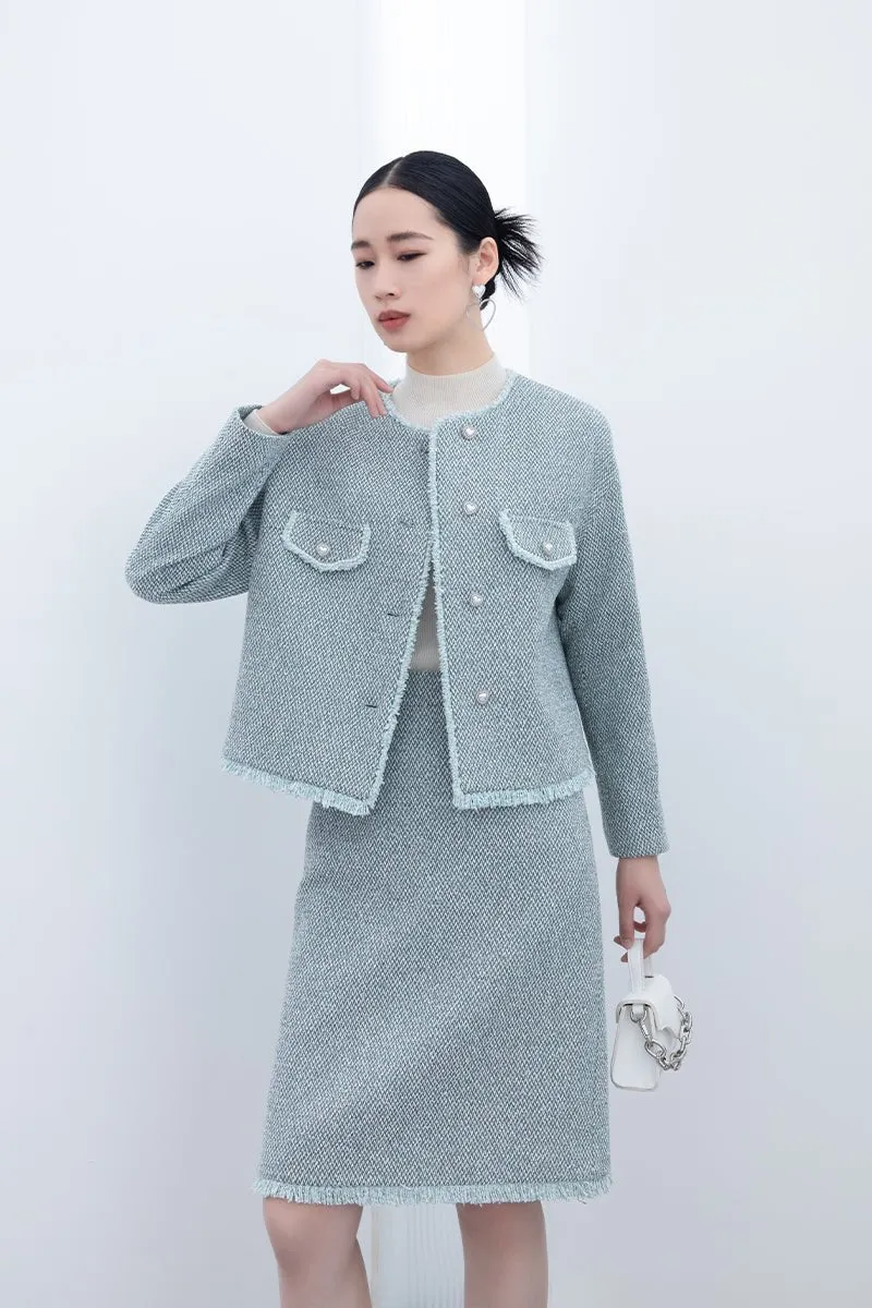 Blue-green Pearl Button Short Tweed Coats