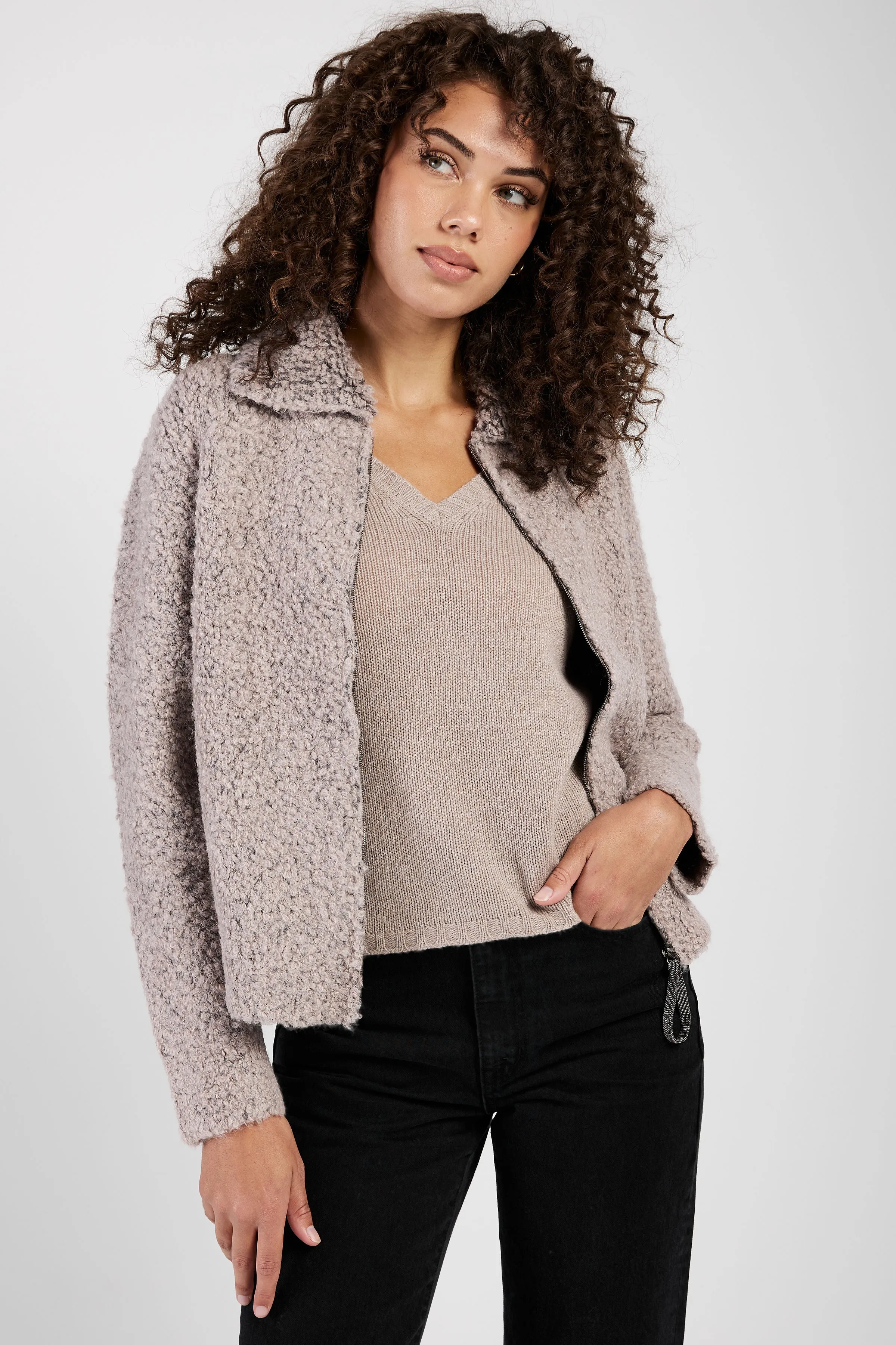 Bouclé Bomber Jacket in Nocciola and Pepe