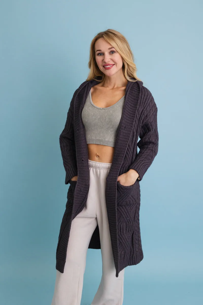 Cable Knit Hooded Cardigan with Large Buttons