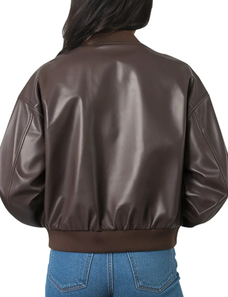 Classic Brown Leather Bomber Jacket for Women