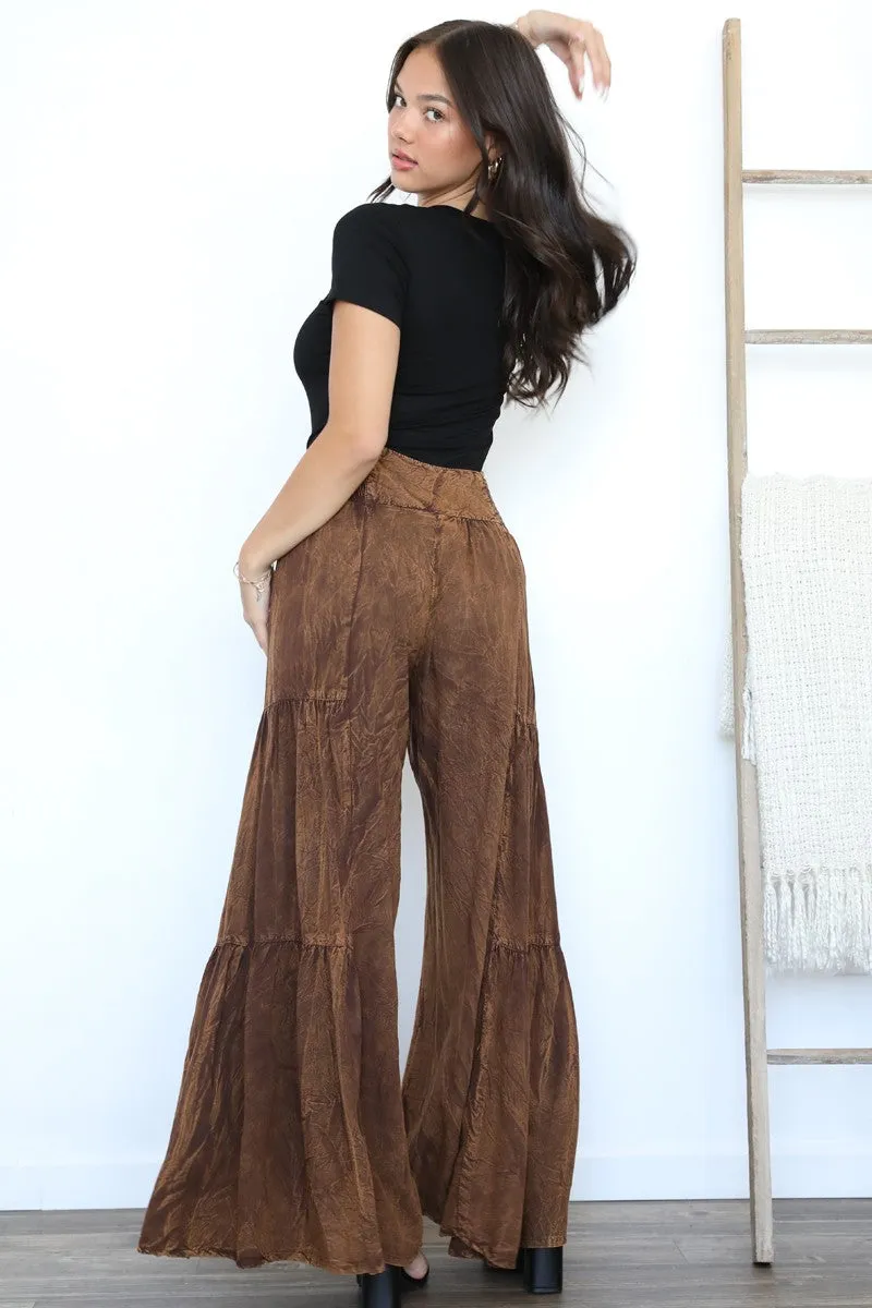 Copper Brown Smocked Waist Tiered Wide Leg Pant