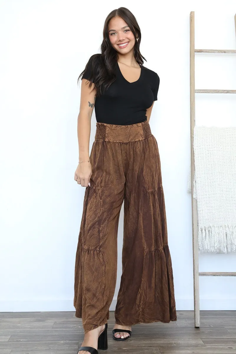 Copper Brown Smocked Waist Tiered Wide Leg Pant