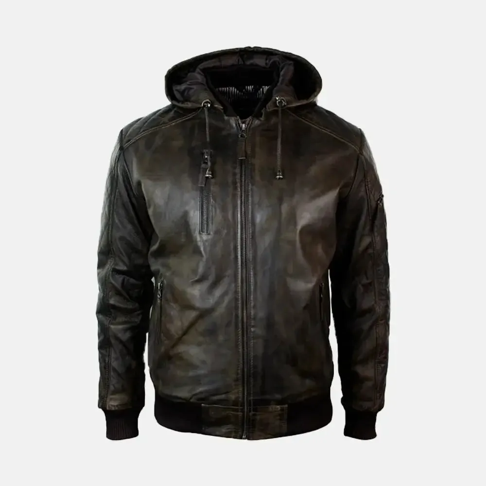 Cormac Leather Bomber Jacket With Removable Hood