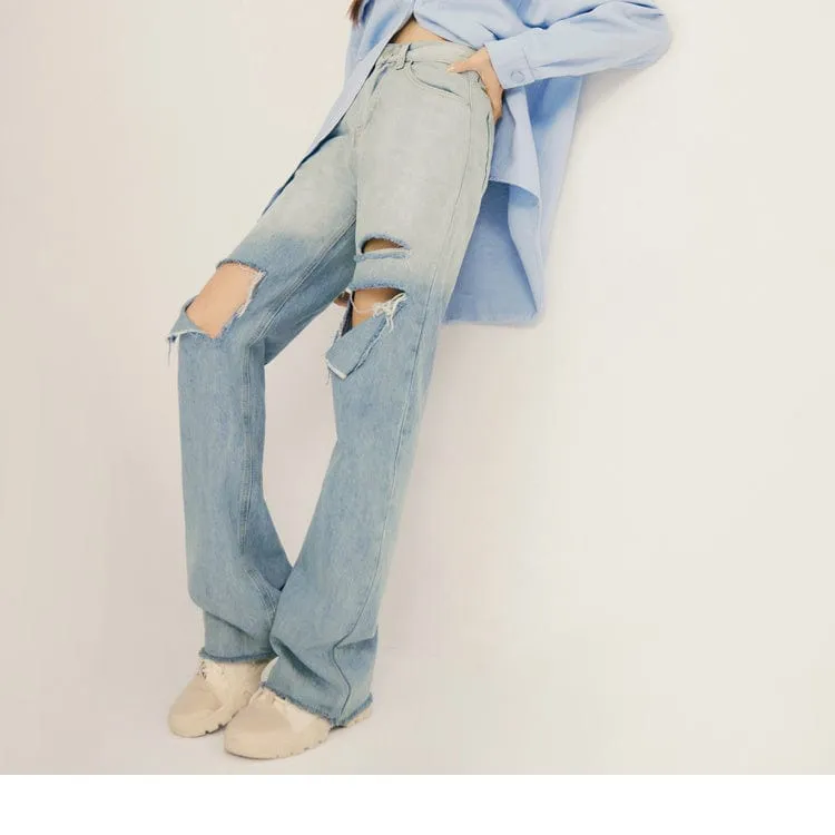 COTTON RIPPED WASHED DENIM WIDE LEG LONG PANTS