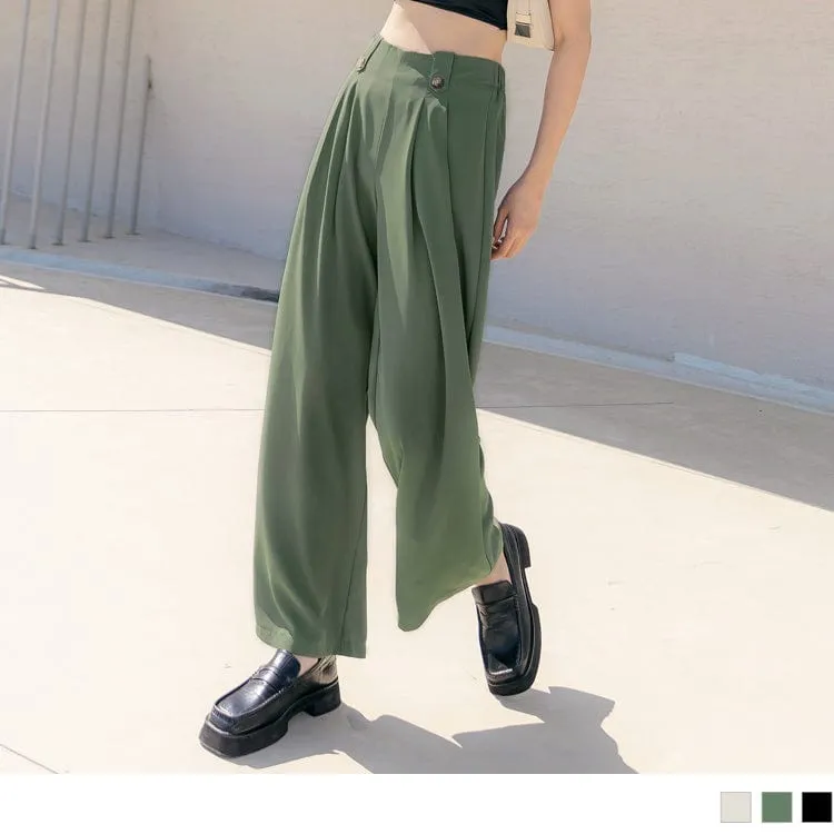 ELASTIC WAIST PLEAT CHIFFON WIDE LEG LONG PANTS