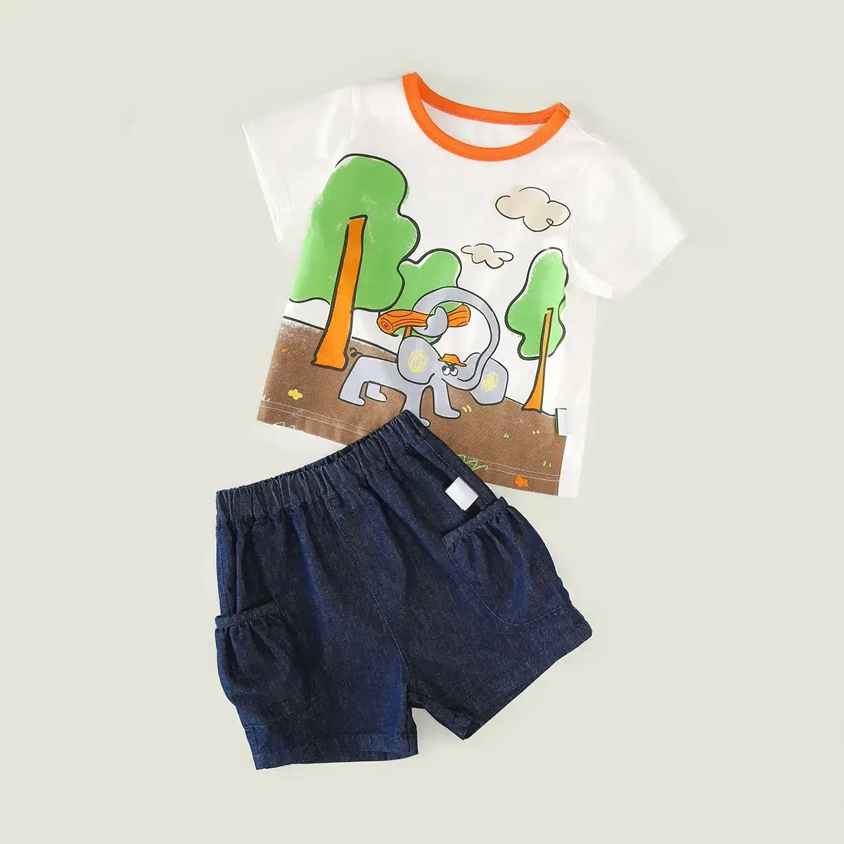 Elephant Scene Printed Tee & Denim Shorts Set