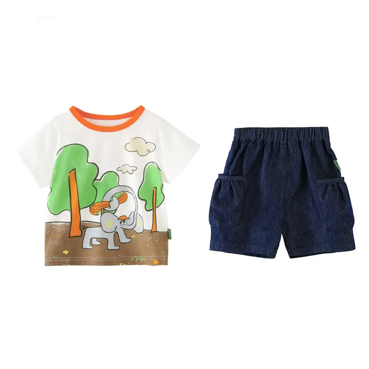 Elephant Scene Printed Tee & Denim Shorts Set