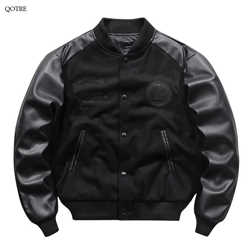 Embroidery Faux Leather Retro Patchwork Loose Fit Bomber Jacket