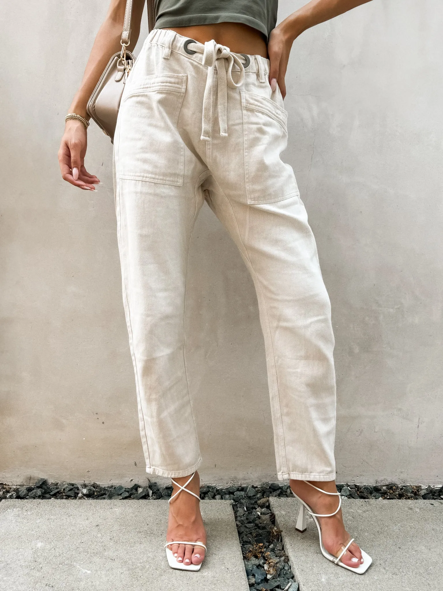 Eva Drawstring Denim Pants in Ecru