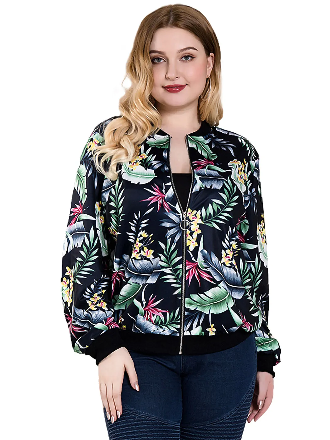 Floral Print Zip Up Bomber Jacket Coat