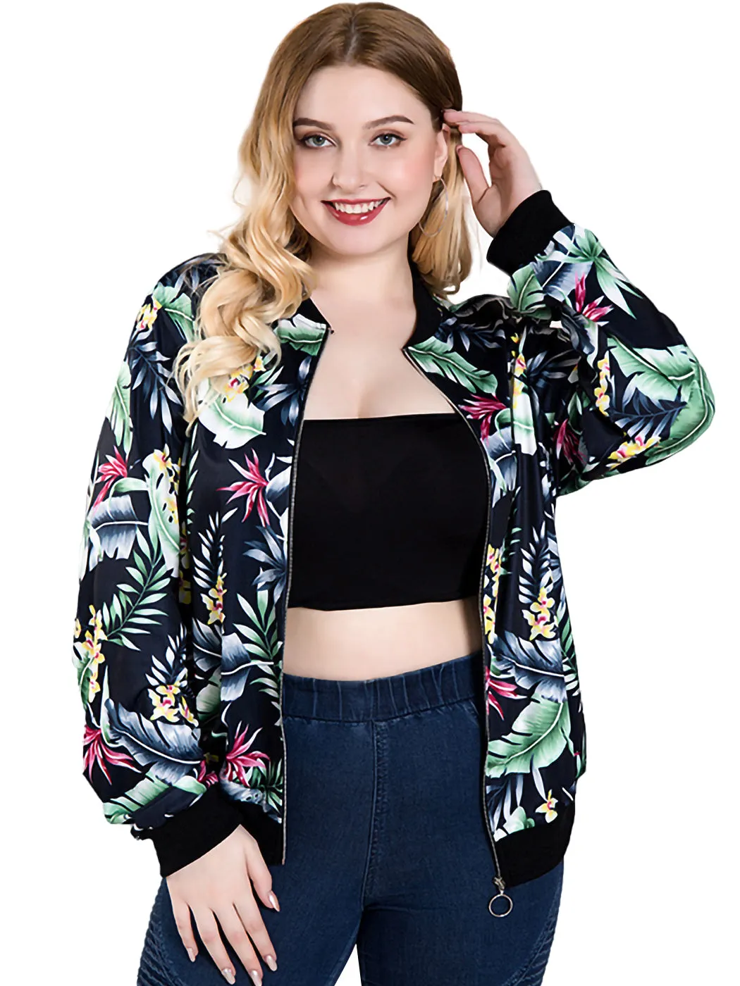 Floral Print Zip Up Bomber Jacket Coat