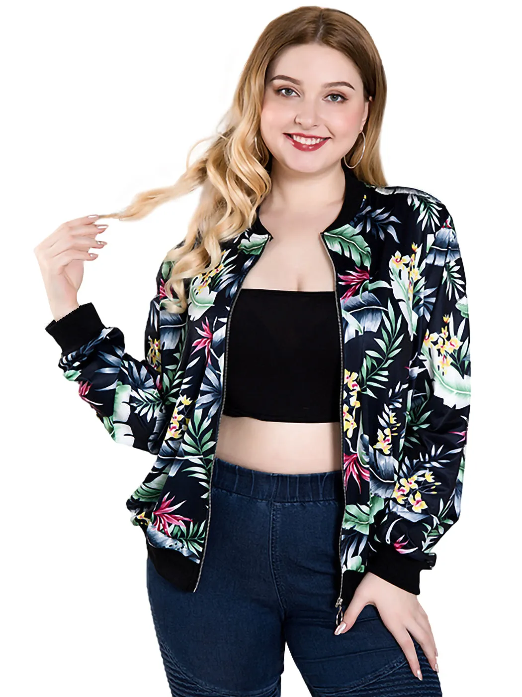 Floral Print Zip Up Bomber Jacket Coat