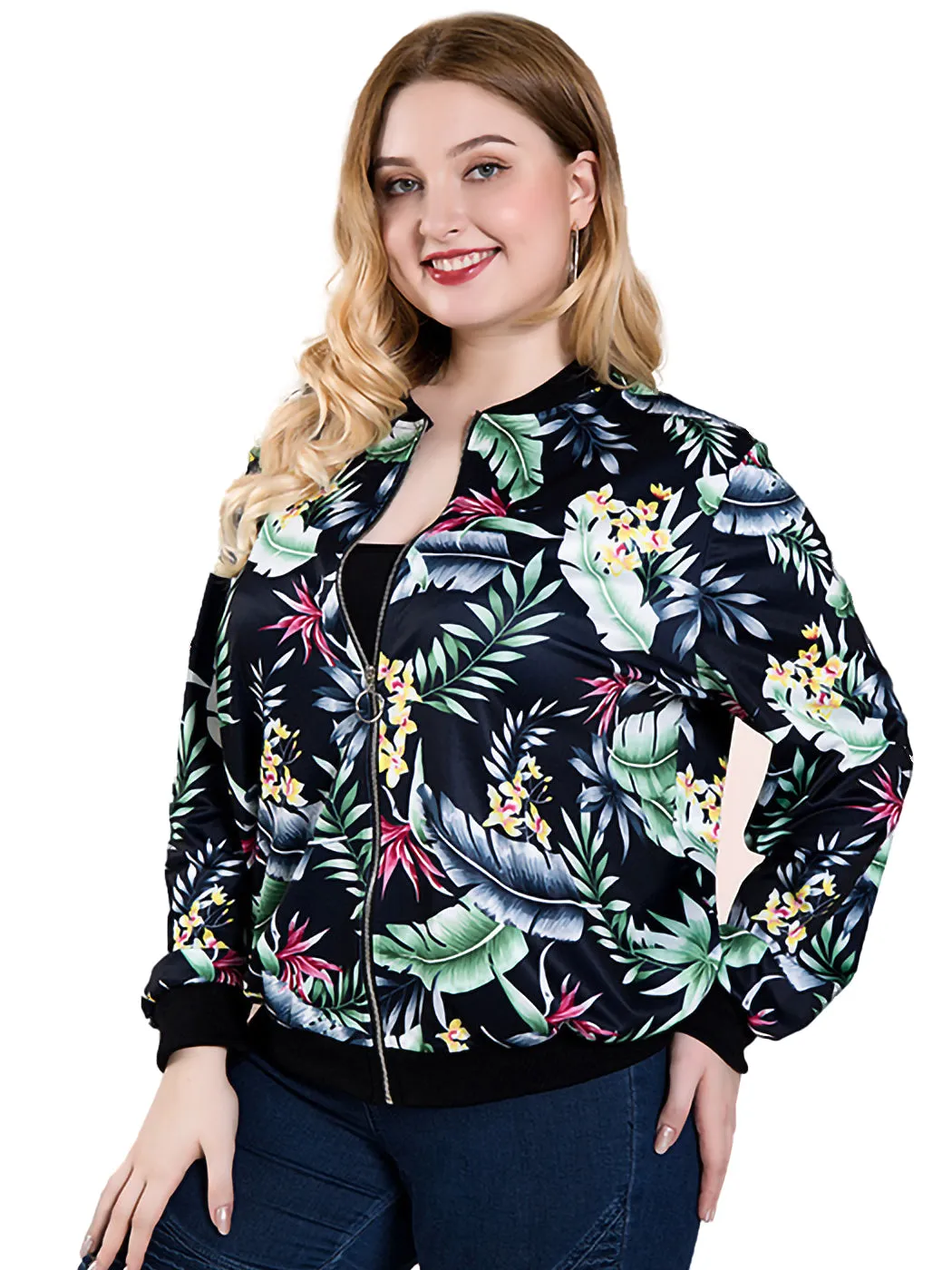 Floral Print Zip Up Bomber Jacket Coat