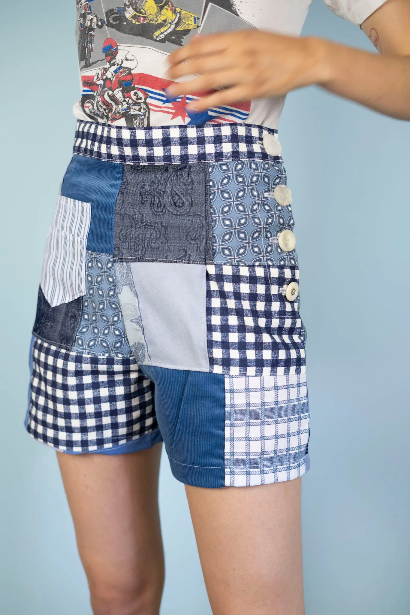 Forgotten Saints LA "Kosmic Blues" High Waisted Patchwork Shorts