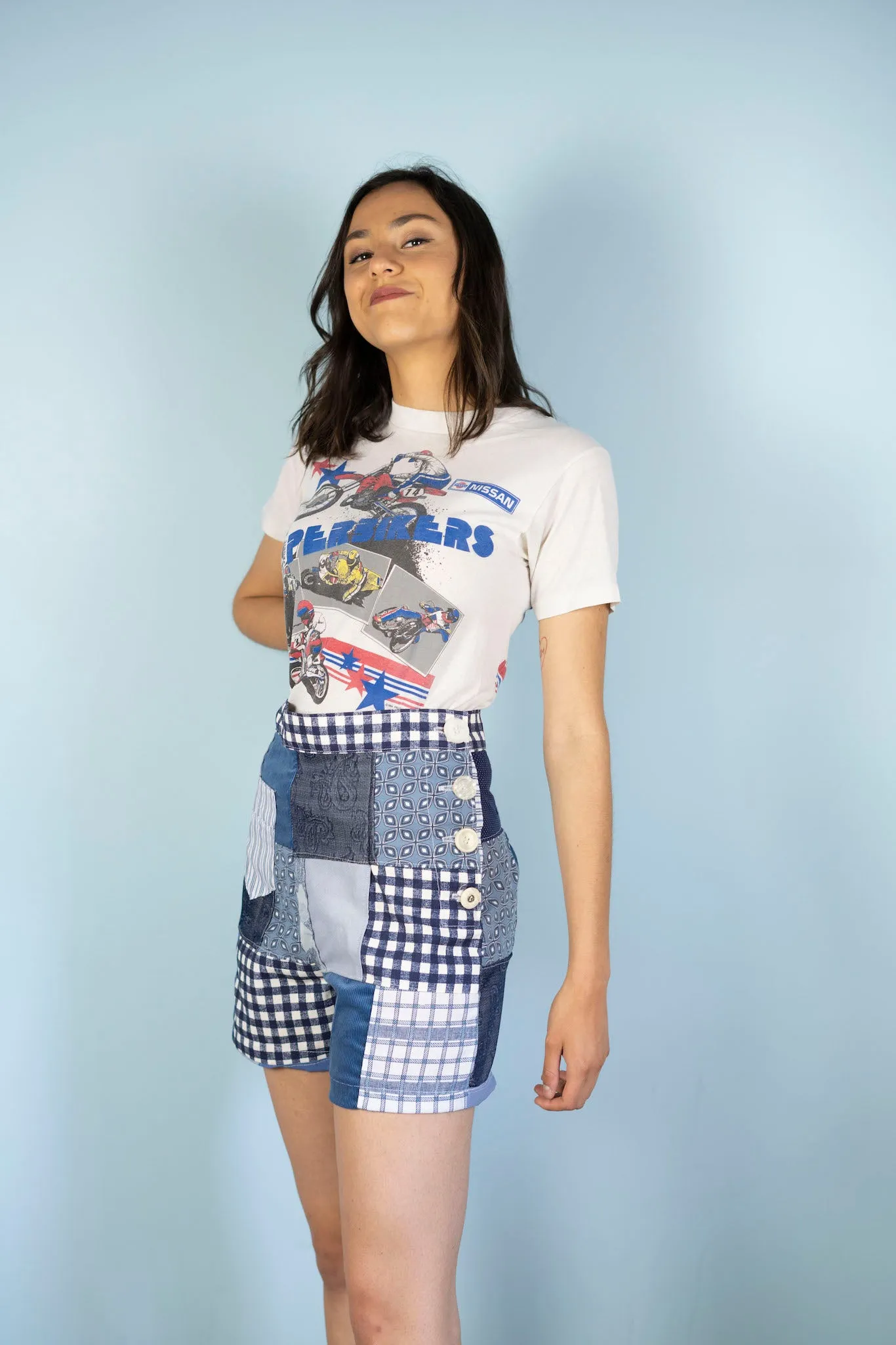 Forgotten Saints LA "Kosmic Blues" High Waisted Patchwork Shorts