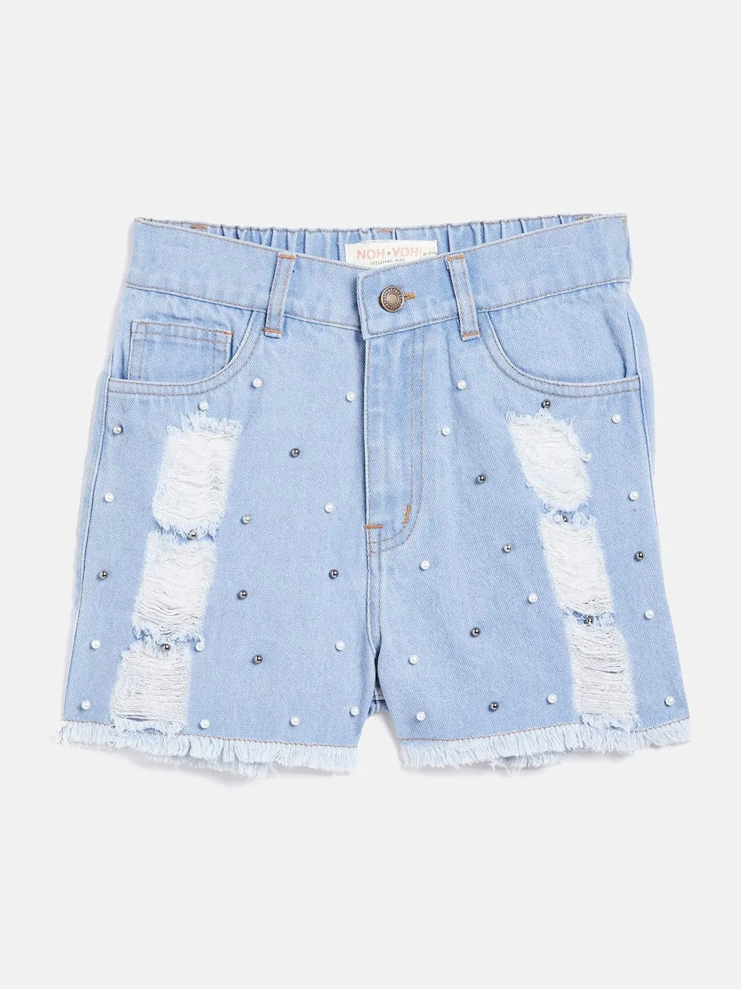 Girls Ice Blue Raw Hem Pearl Denim Shorts - Lyush Kids