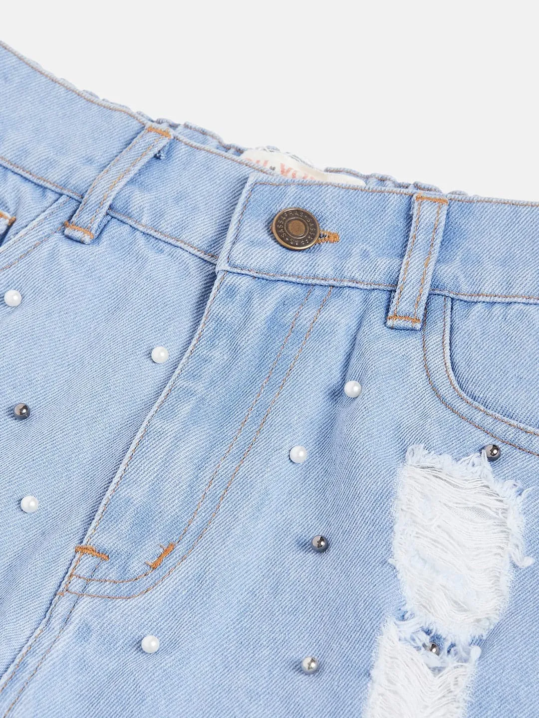 Girls Ice Blue Raw Hem Pearl Denim Shorts - Lyush Kids