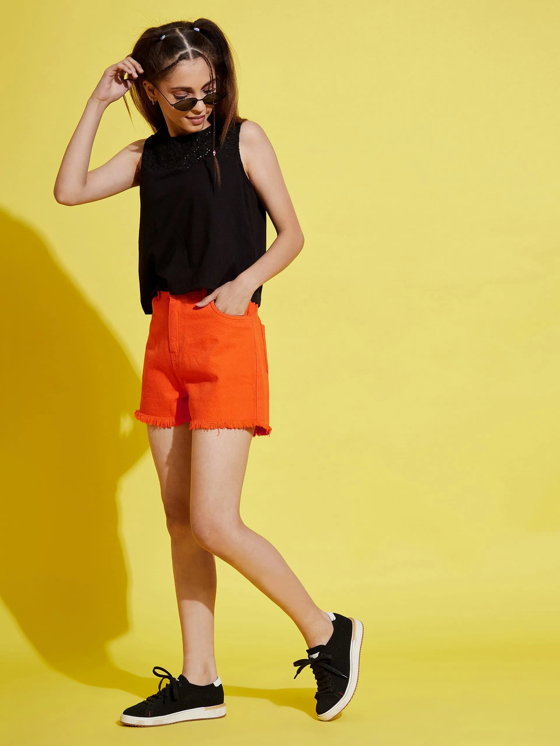 Girls Orange Raw Hem Denim Shorts - Lyush Kids