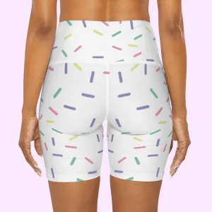 High Waisted Yoga Shorts White With Rainbow Sprinkles