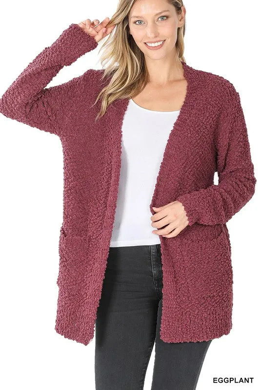 Long Sleeve Popcorn Sweater Cardigan with Pockets