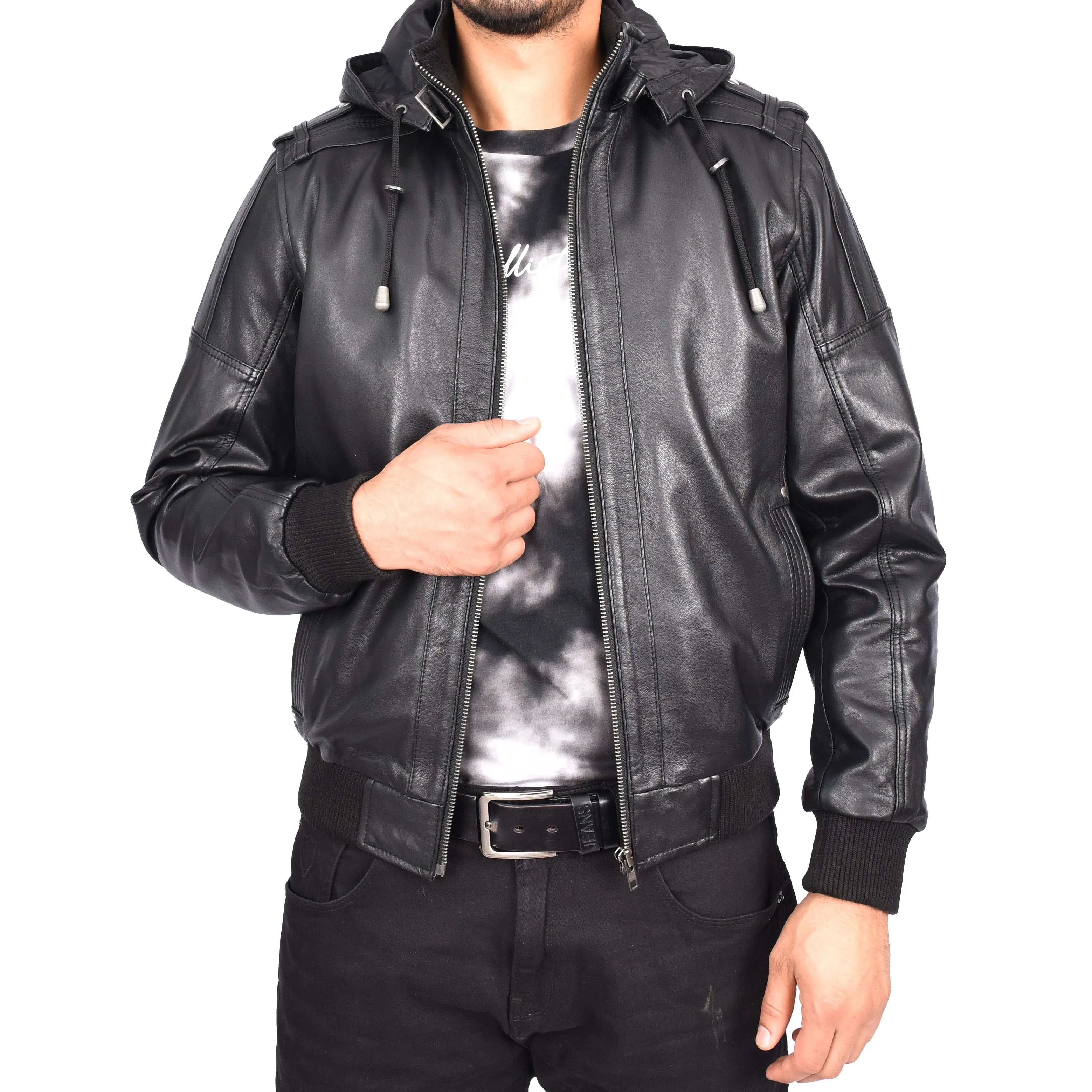 Men's Genuine Leather Bomber Jacket Trendy Removable Hood Casual Style Stevie Black