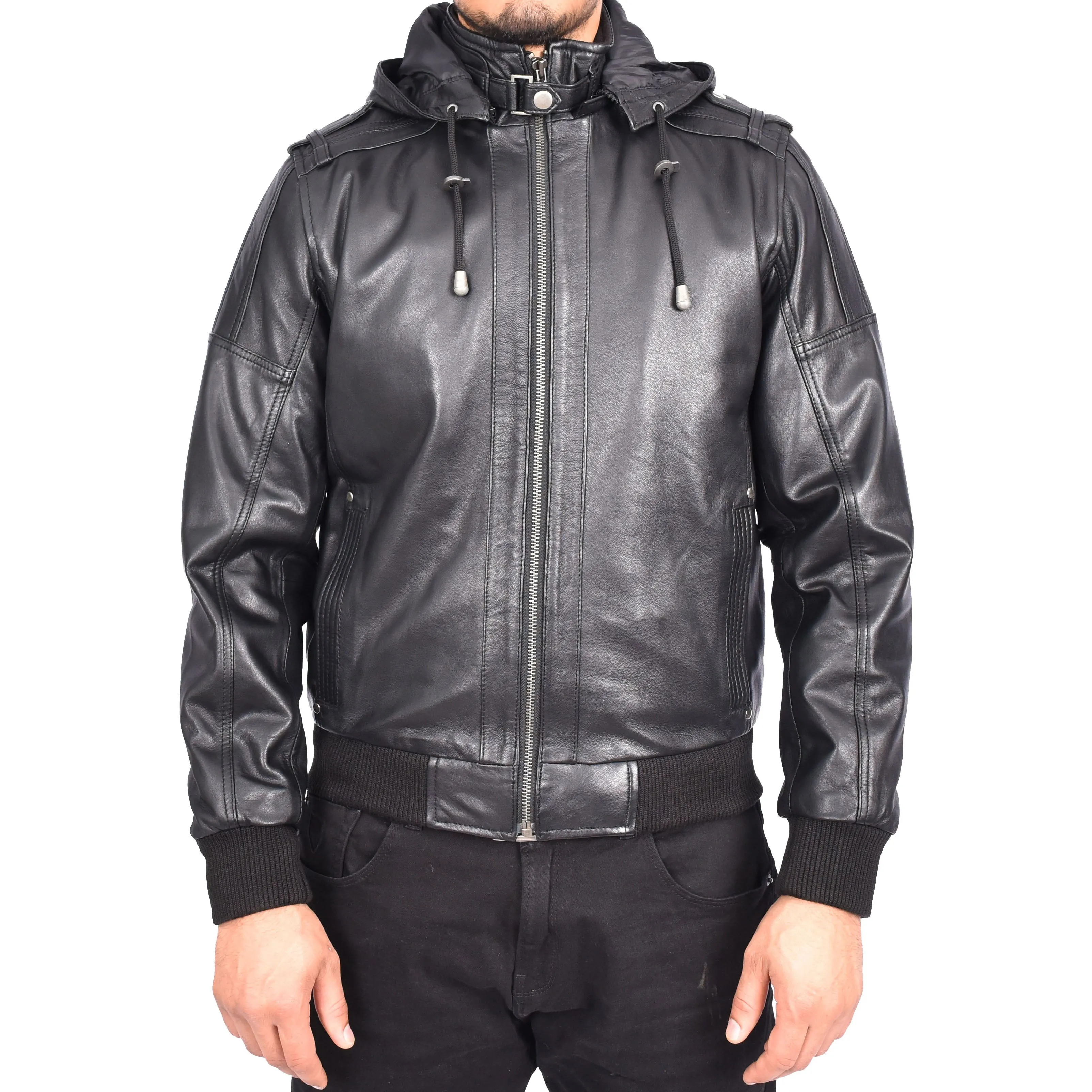 Men's Genuine Leather Bomber Jacket Trendy Removable Hood Casual Style Stevie Black