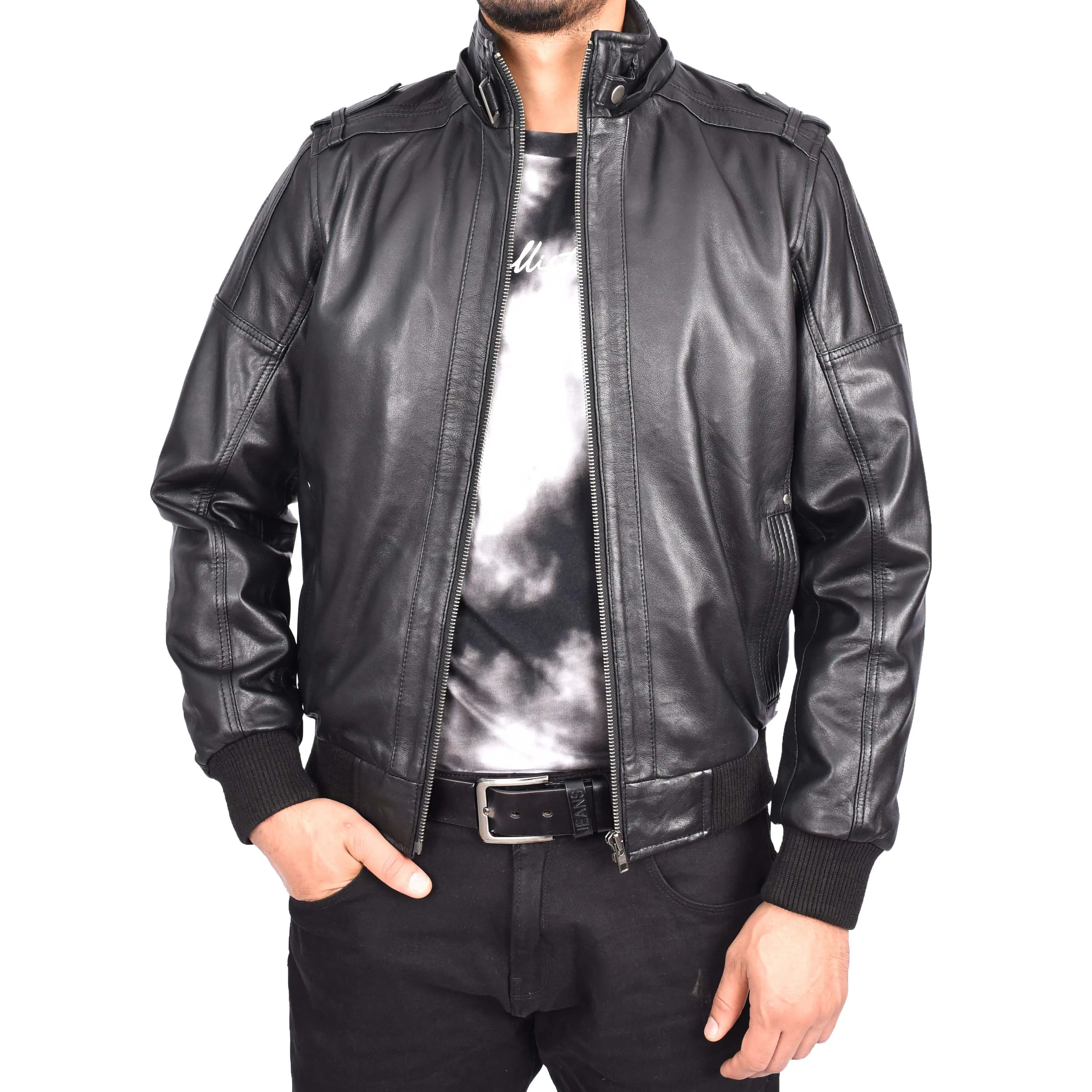 Men's Genuine Leather Bomber Jacket Trendy Removable Hood Casual Style Stevie Black