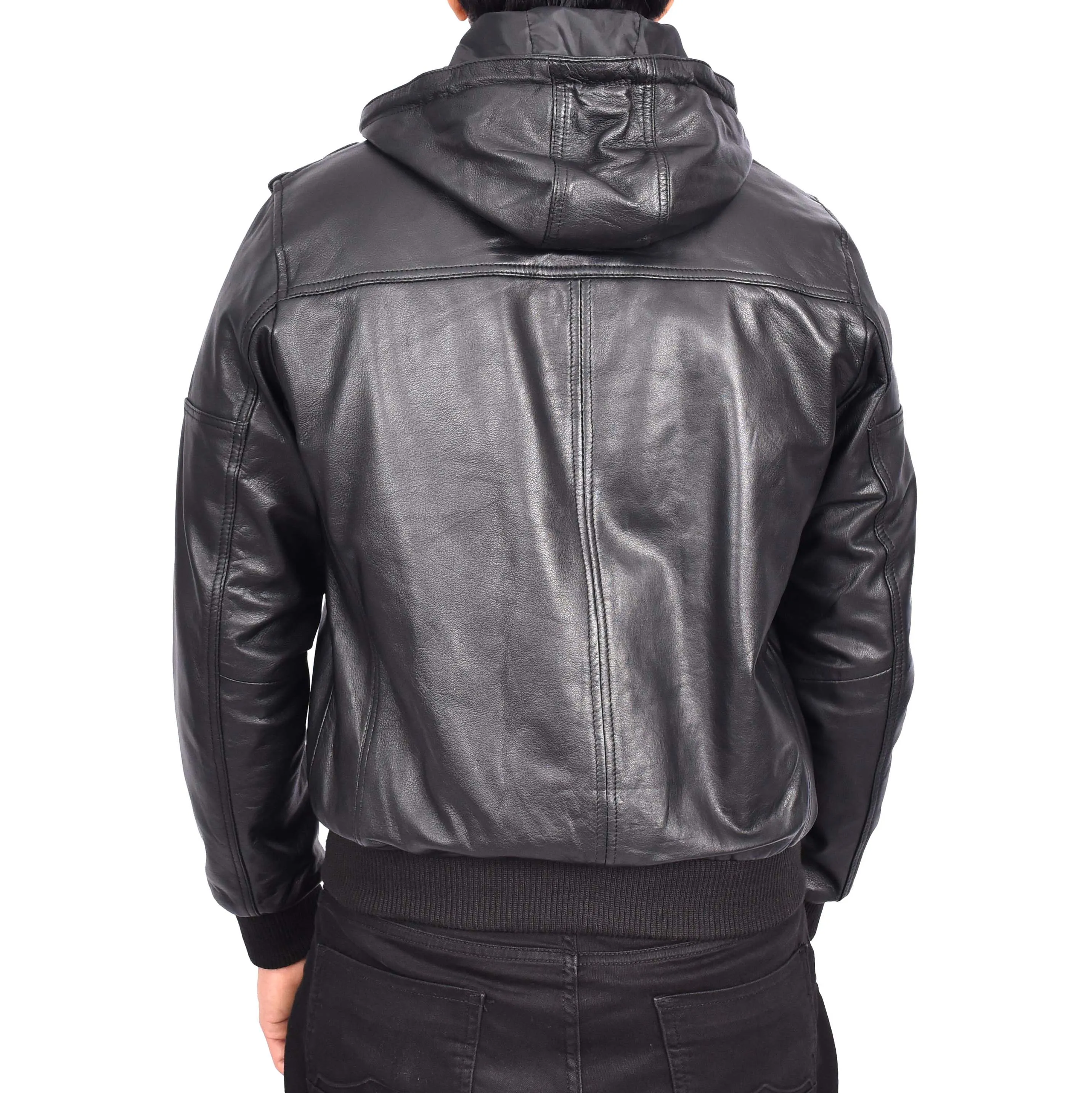 Men's Genuine Leather Bomber Jacket Trendy Removable Hood Casual Style Stevie Black