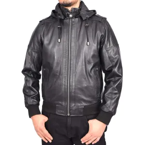 Men's Genuine Leather Bomber Jacket Trendy Removable Hood Casual Style Stevie Black