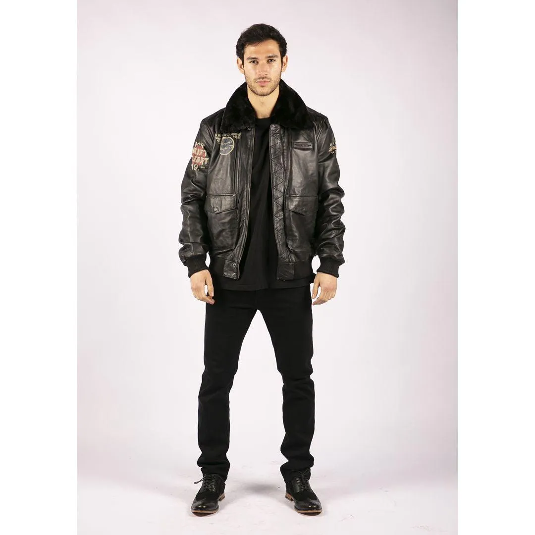 Mens Real Leather Black Aviator Fur Collar Pilot Jacket Slim Fit Bomber