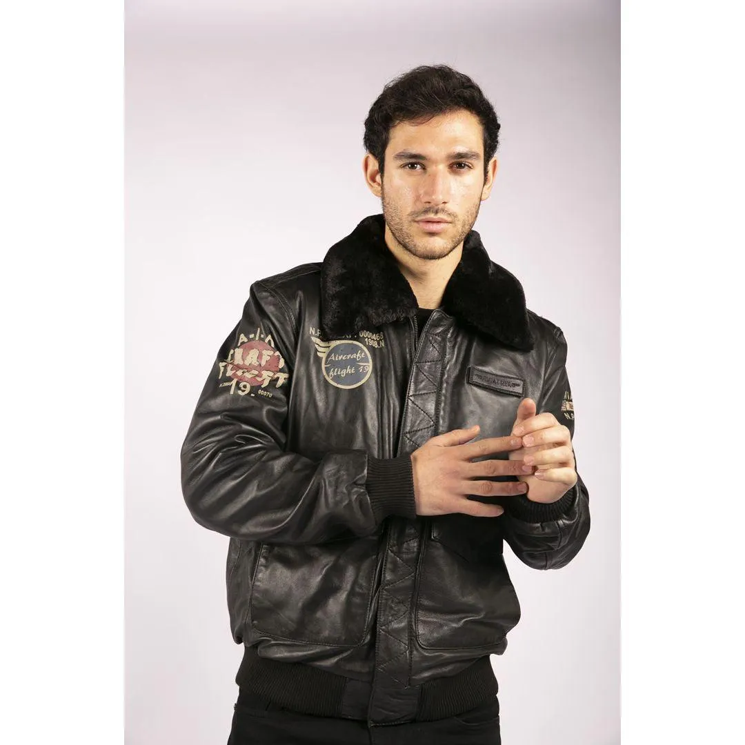 Mens Real Leather Black Aviator Fur Collar Pilot Jacket Slim Fit Bomber