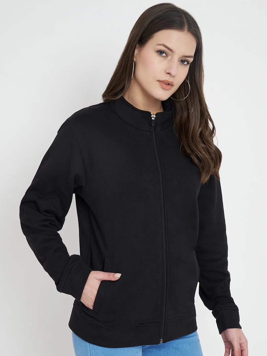 Mock Collar Black Bomber Jacket