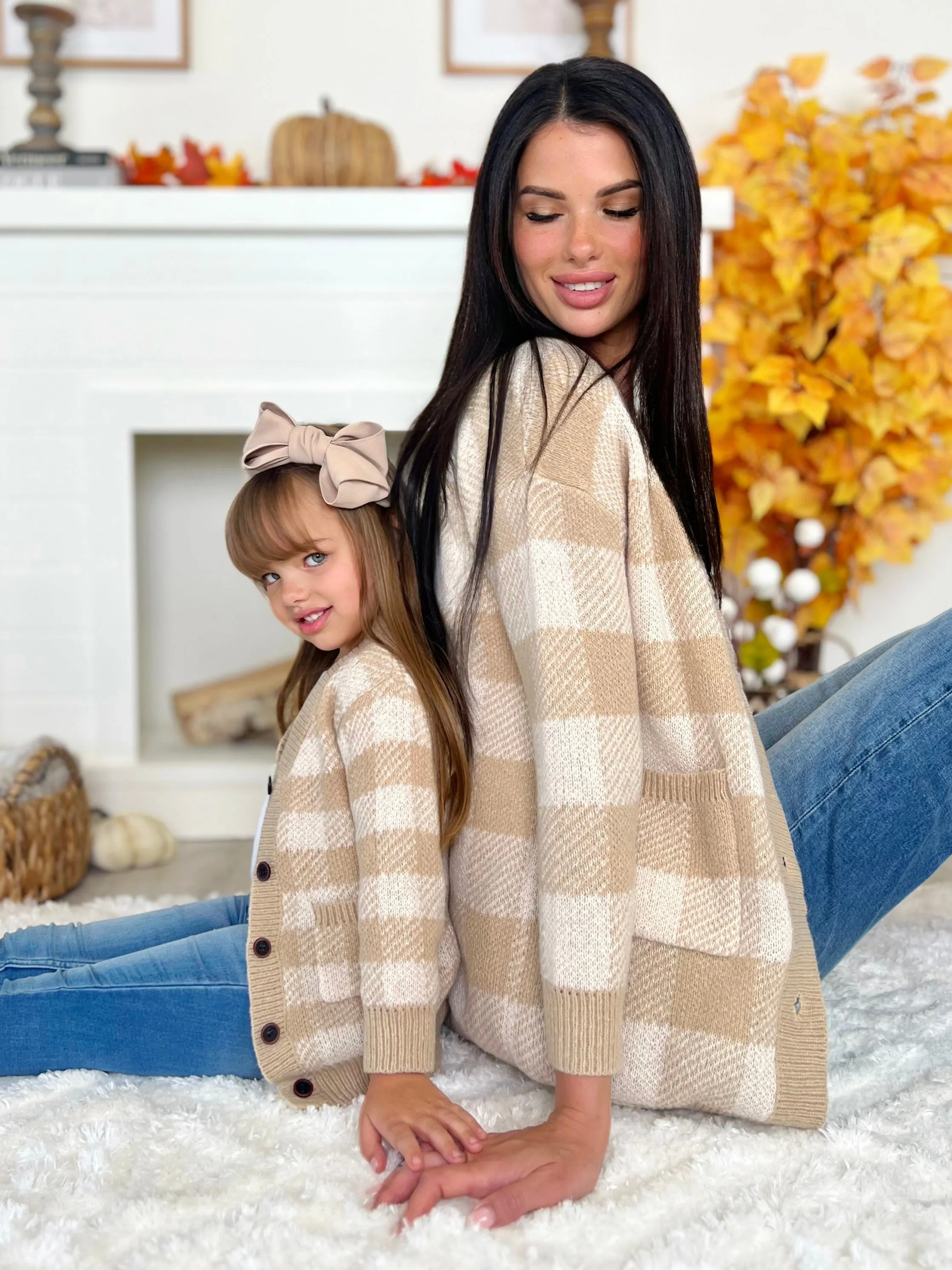 Mommy and Me Beige and White Checkered Oversized Cardigan