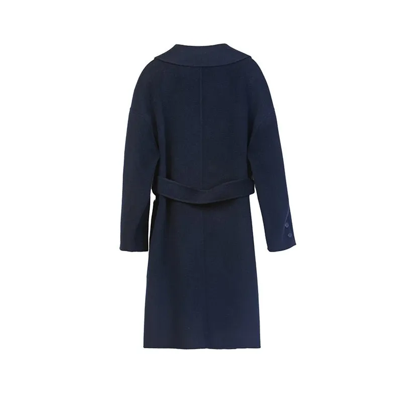 Navy Blue Long Woolen Coats with Belt