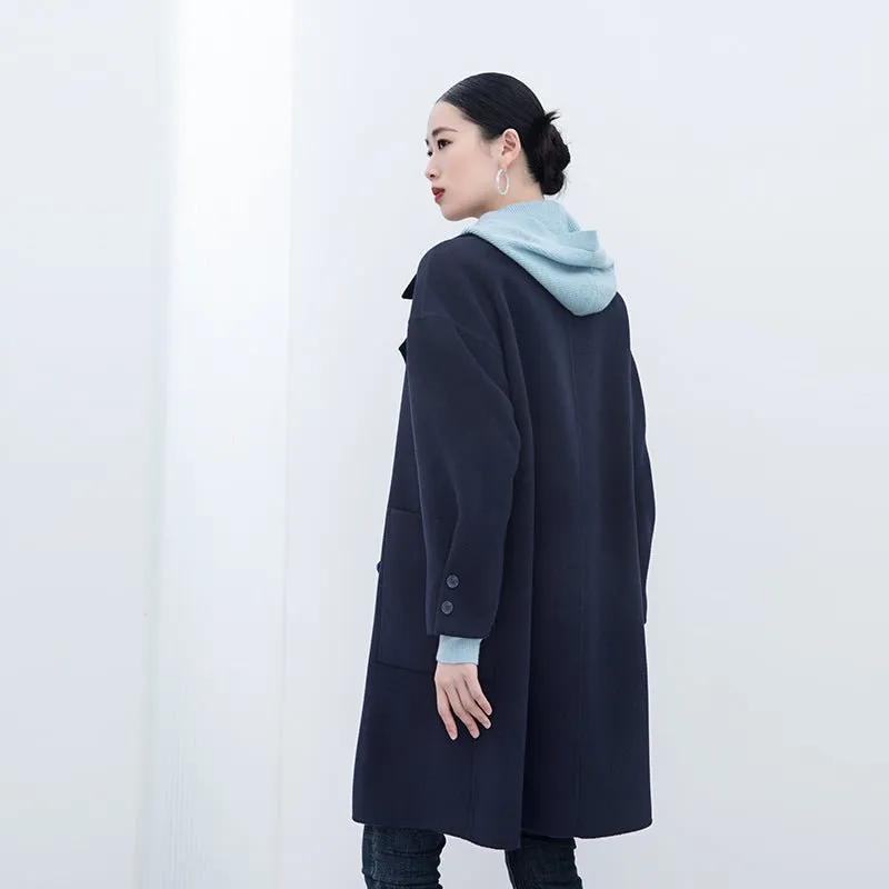 Navy Blue Long Woolen Coats with Belt