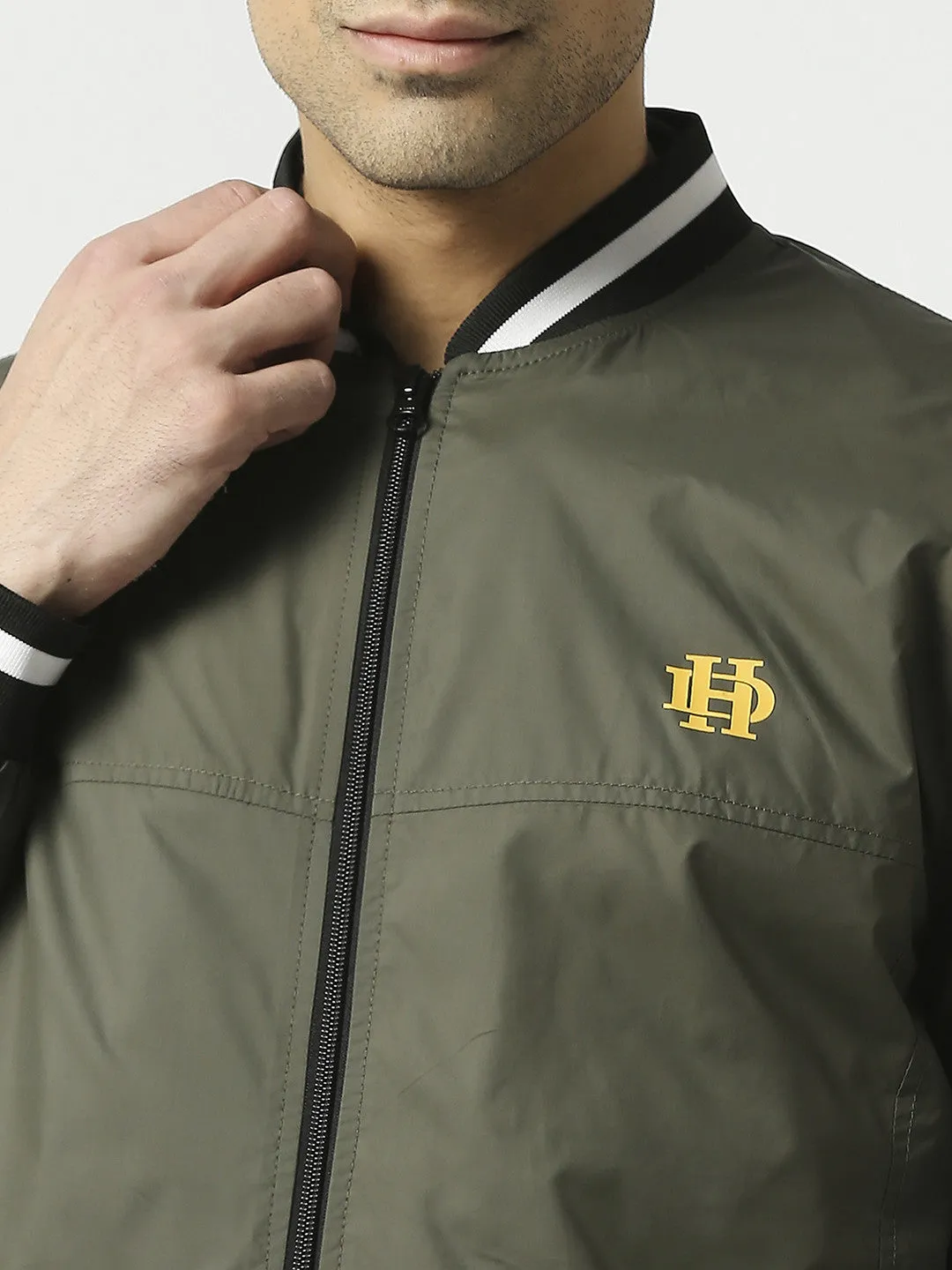 Olive Green Bomber Jacket with Black Striped Trim