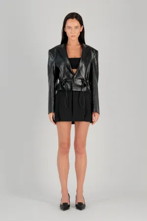 OVERSIZED VEGAN LEATHER CROP BLAZER W/ DRAWSTRING