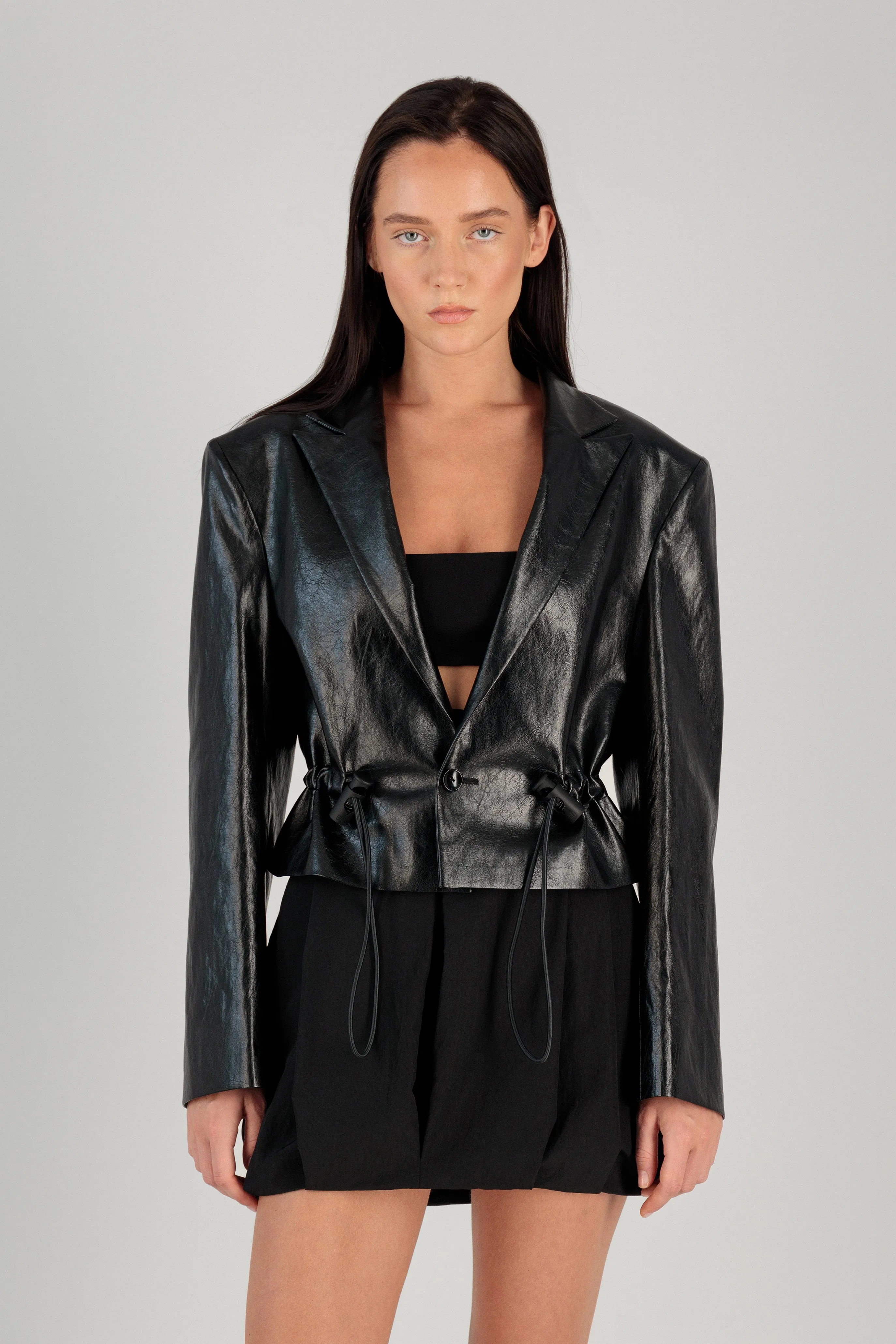 OVERSIZED VEGAN LEATHER CROP BLAZER W/ DRAWSTRING