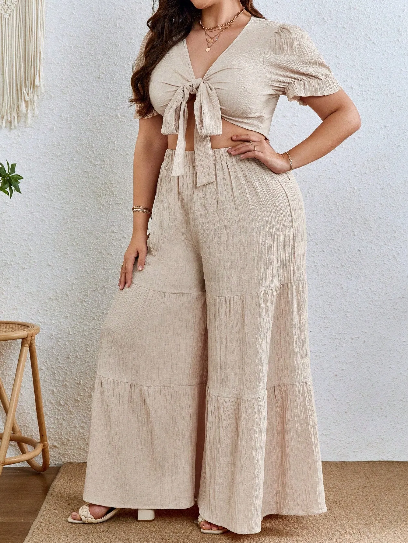 Plus Knot Front Crop Top Ruffle Hem Wide Leg Pants