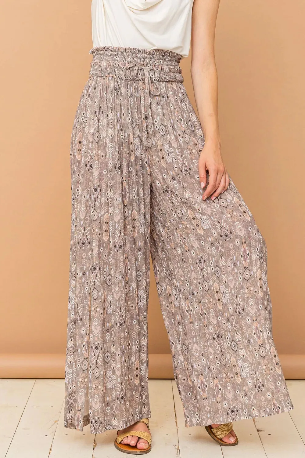 Printed Smocked Waist Slit Wide Leg Pants