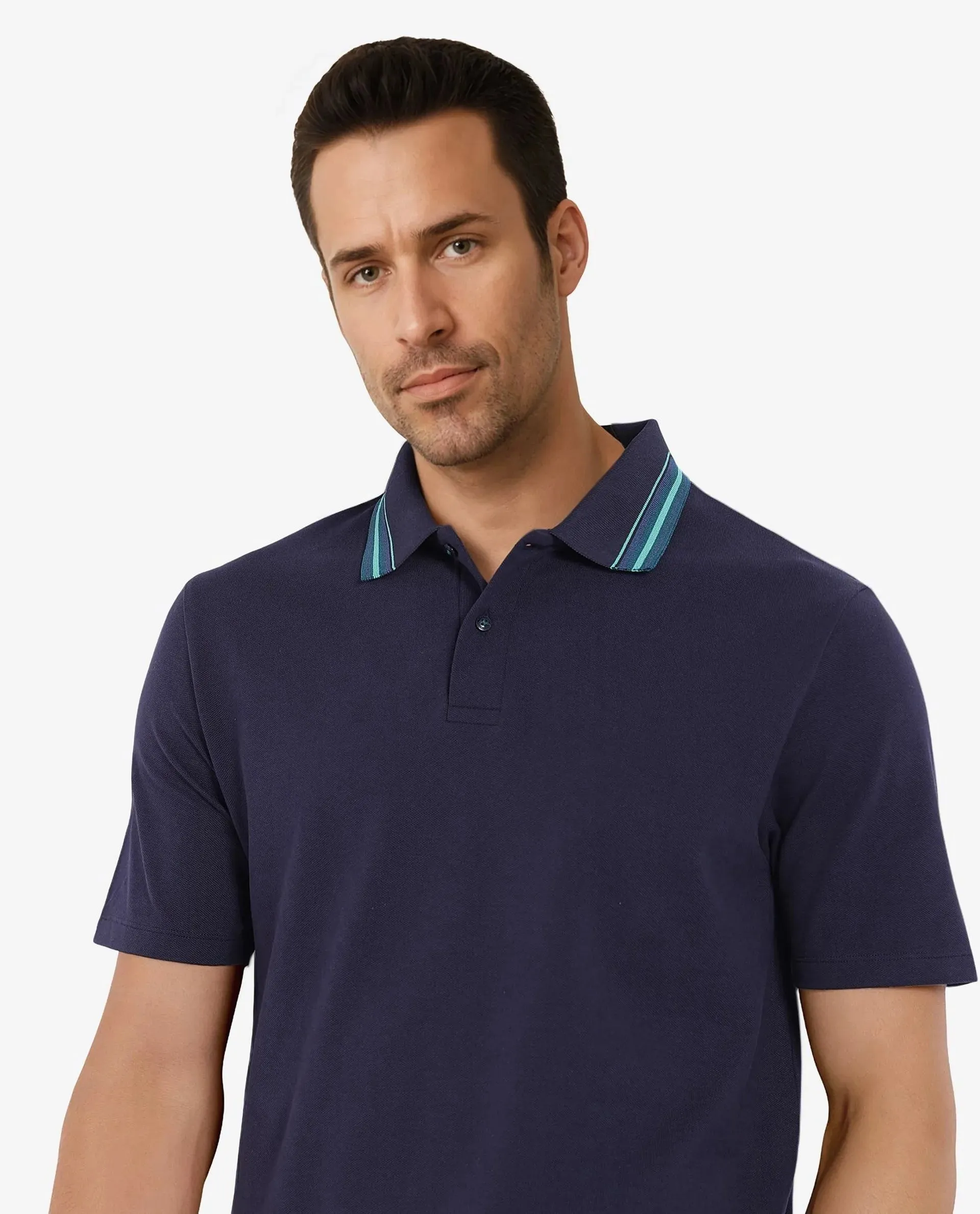 Rare Rabbit Men Clark Dark Navy Cotton Fabric Contrasting Collar Short Sleeve Button Closure Plain Polo