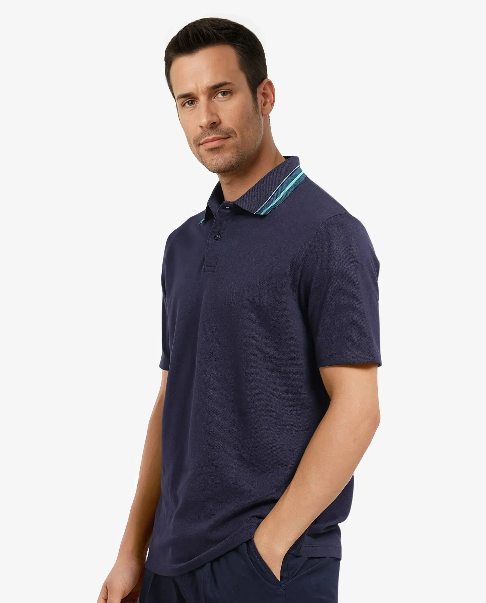 Rare Rabbit Men Clark Dark Navy Cotton Fabric Contrasting Collar Short Sleeve Button Closure Plain Polo