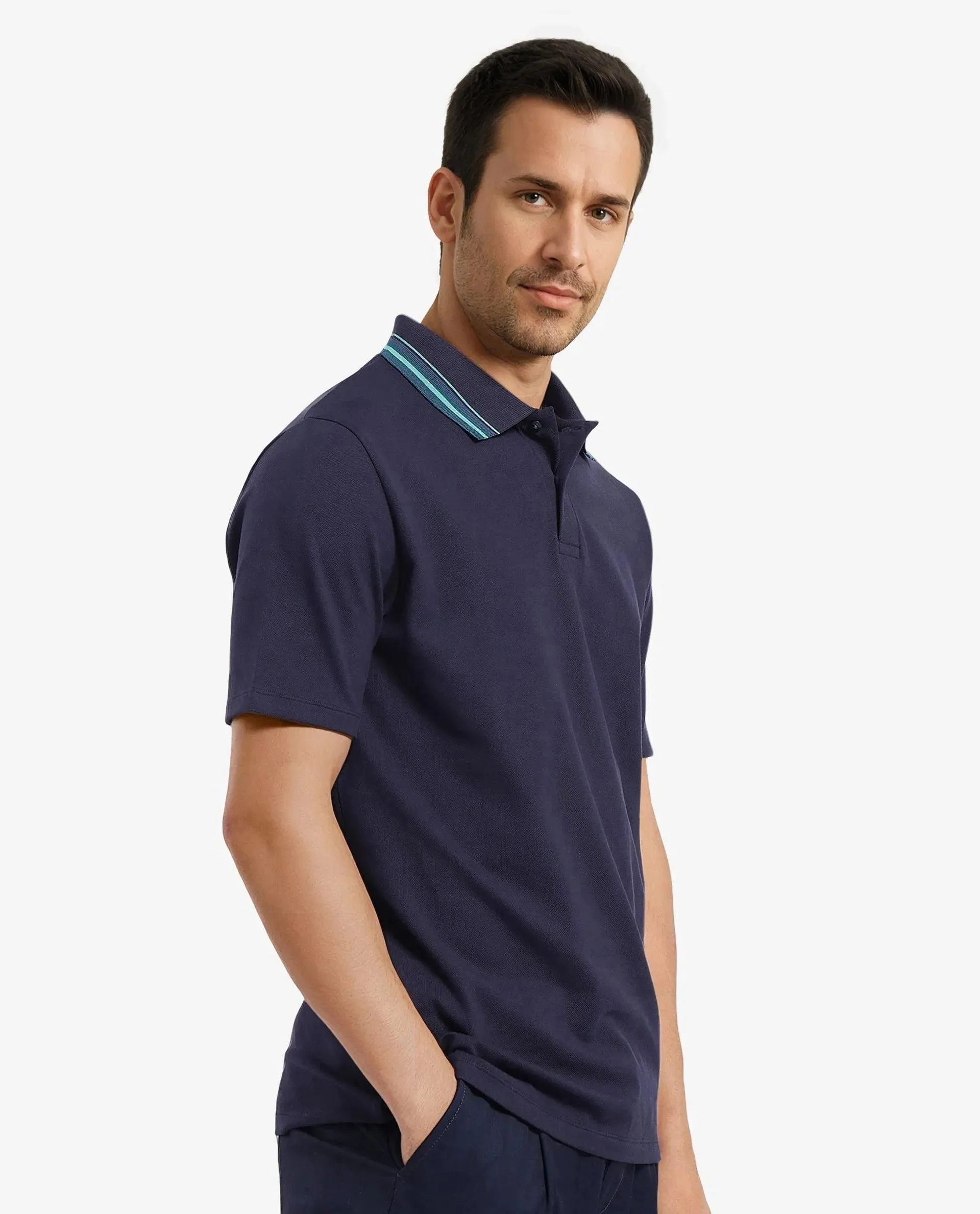 Rare Rabbit Men Clark Dark Navy Cotton Fabric Contrasting Collar Short Sleeve Button Closure Plain Polo